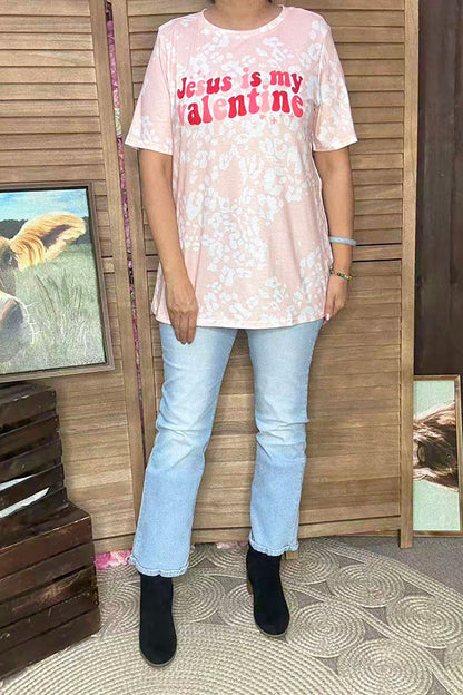 "Jesus is my valentine" pink leopard printed short sleeve women top XCH14682