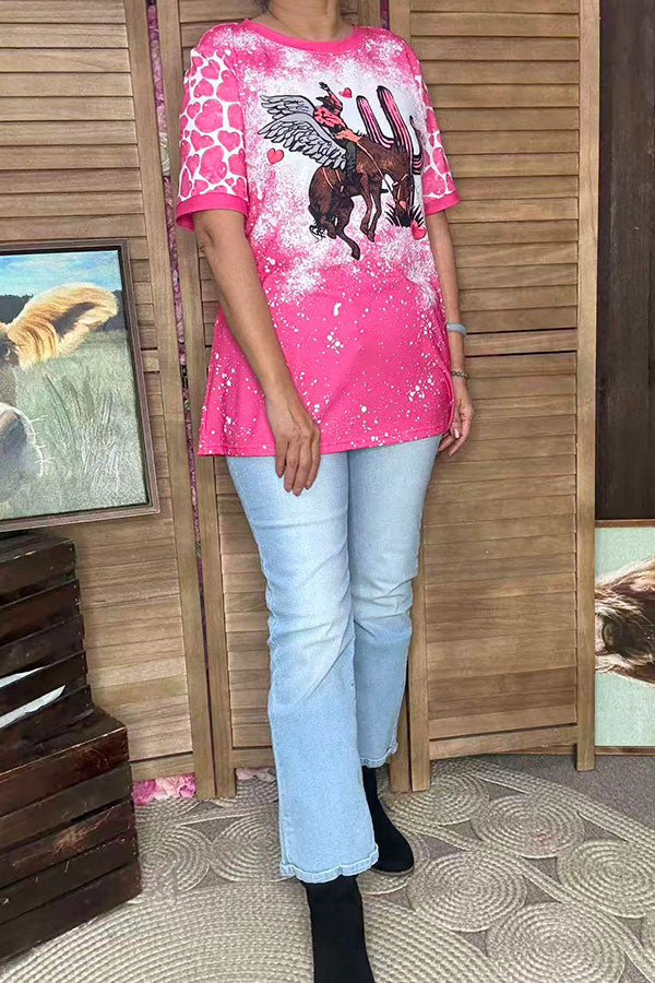 Cowboy riding horse printed short sleeves fuchsia women top XCH14568