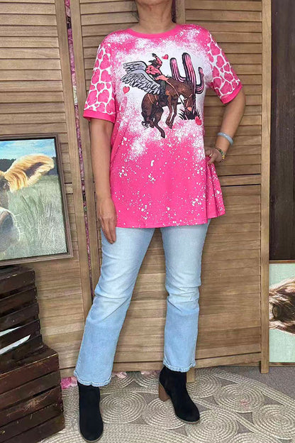 Cowboy riding horse printed short sleeves fuchsia women top XCH14568