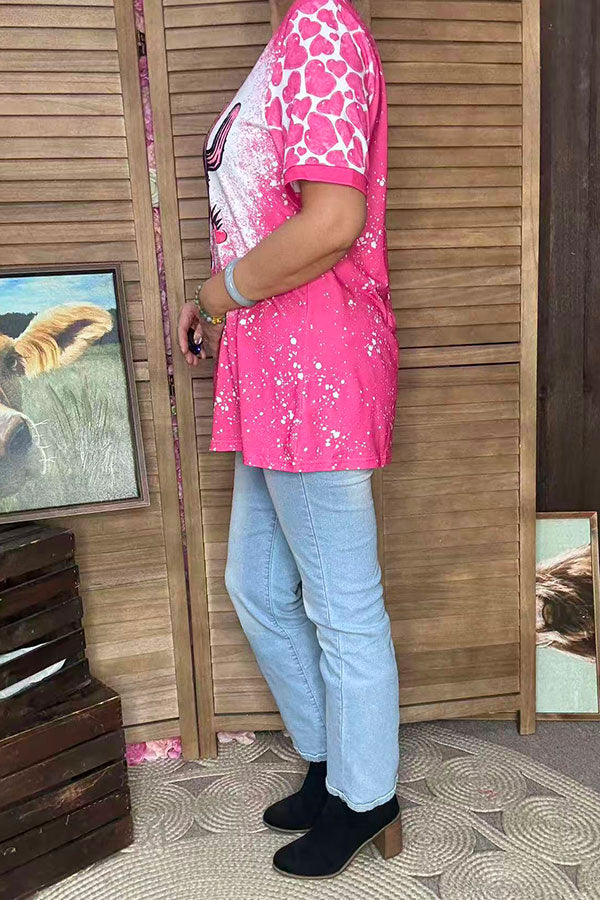 Cowboy riding horse printed short sleeves fuchsia women top XCH14568