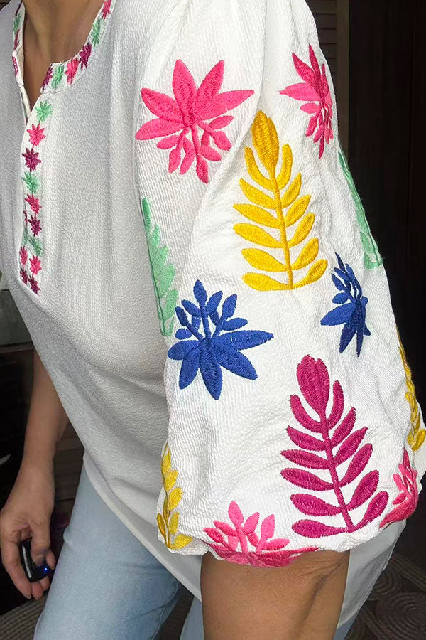 Spring floral embroidery puff short sleeve white women blouse XCH16531