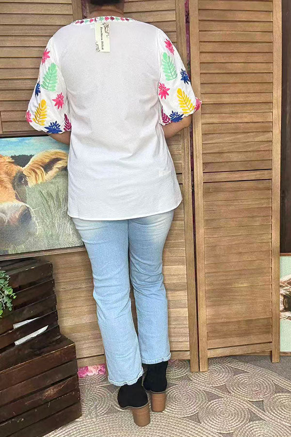 Spring floral embroidery puff short sleeve white women blouse XCH16531