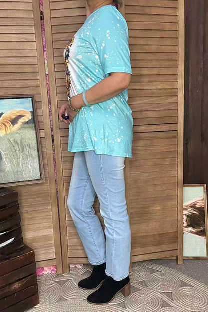 DLH13771 Cow & Sunflower heart printed turquoise short sleeve top