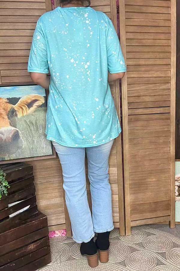 DLH13771 Cow & Sunflower heart printed turquoise short sleeve top