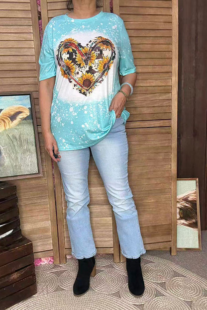 DLH13771 Cow & Sunflower heart printed turquoise short sleeve top