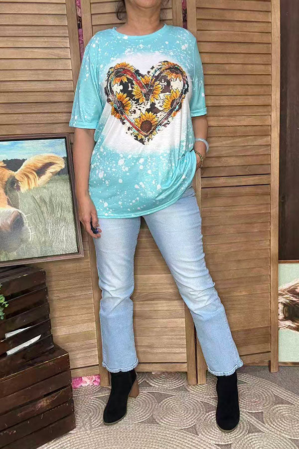 DLH13771 Cow & Sunflower heart printed turquoise short sleeve top