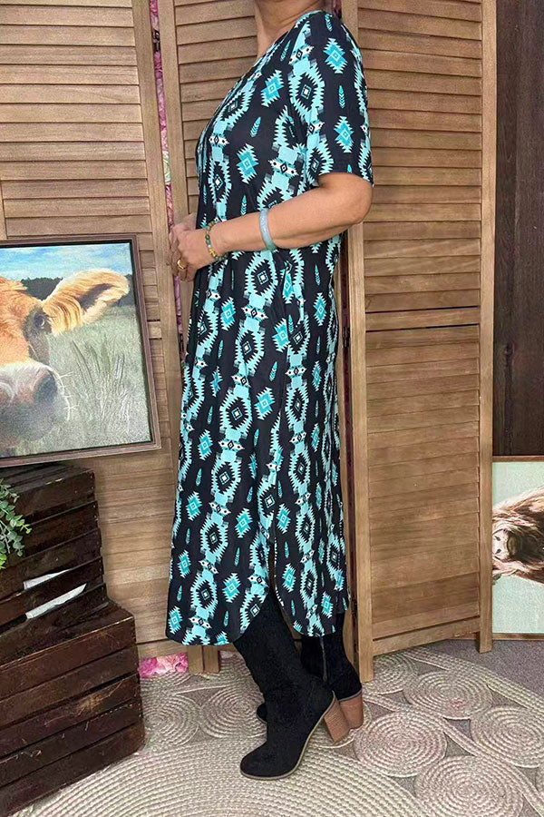 Western turquoise aztec print maxi women's dress with side slit XCH16816