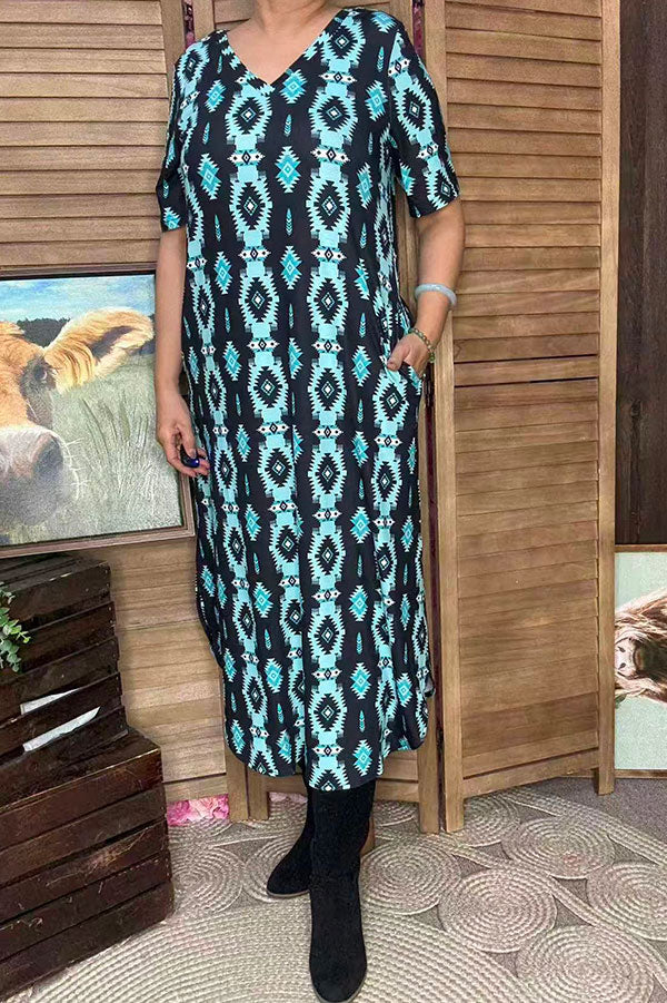 Western turquoise aztec print maxi women's dress with side slit XCH16816