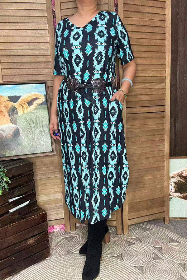 Western turquoise aztec print maxi women's dress with side slit XCH16816