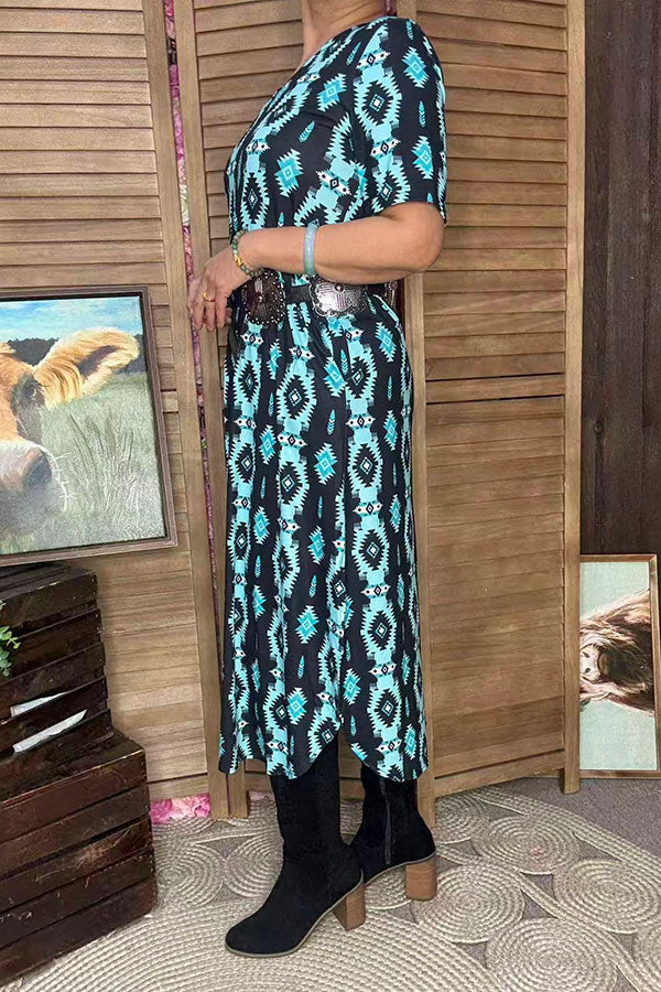 Western turquoise aztec print maxi women's dress with side slit XCH16816