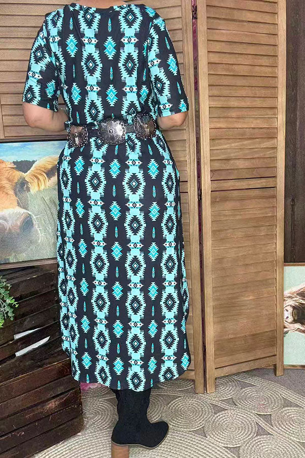 Western turquoise aztec print maxi women's dress with side slit XCH16816
