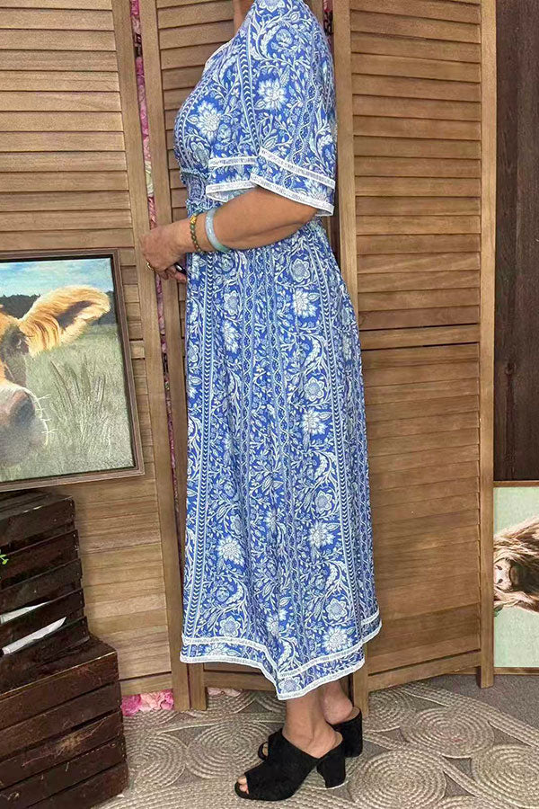 Blue floral printed & lace trim bell short sleeve rayon maxi women dress GJQ16689