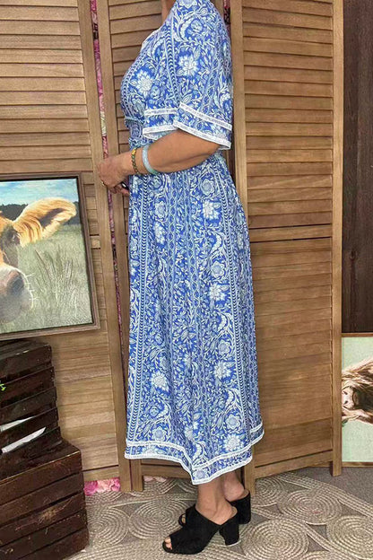 Blue floral printed & lace trim bell short sleeve rayon maxi women dress GJQ16689