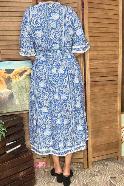 Blue floral printed & lace trim bell short sleeve rayon maxi women dress GJQ16689