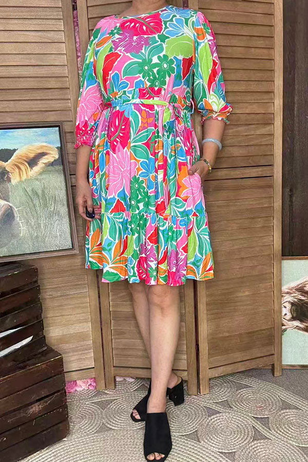 Spring flower printed 3/4 ruffle sleeve women dress GJQ16297