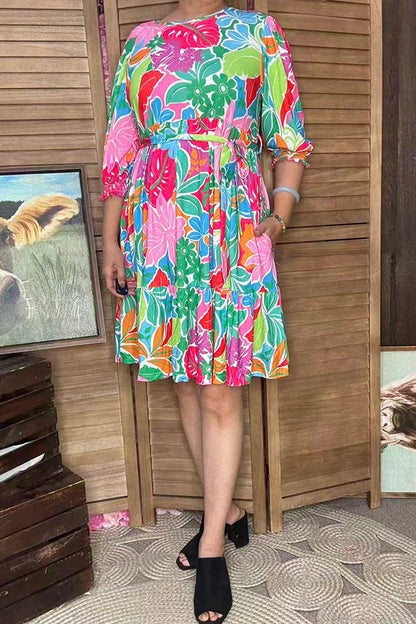 Spring flower printed 3/4 ruffle sleeve women dress GJQ16297