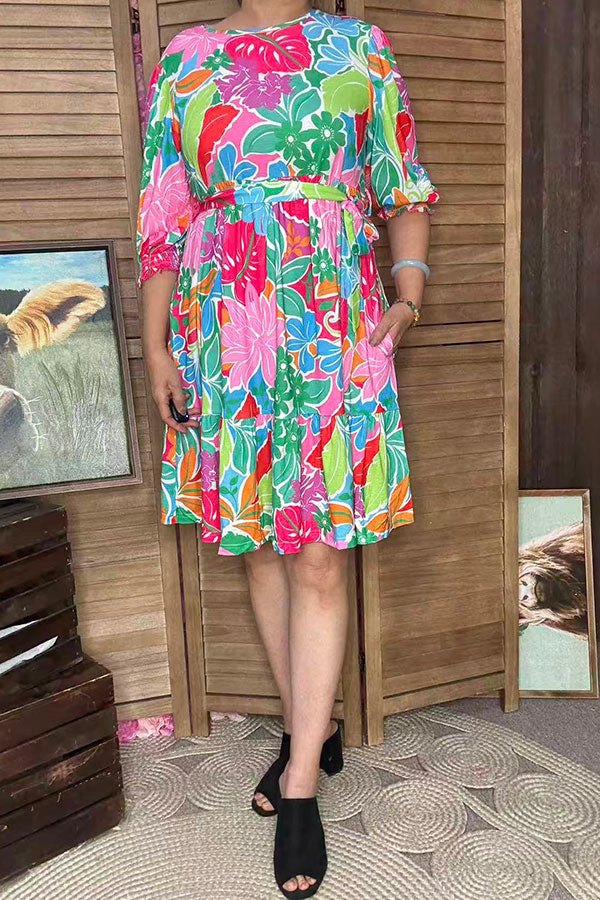 Spring flower printed 3/4 ruffle sleeve women dress GJQ16297