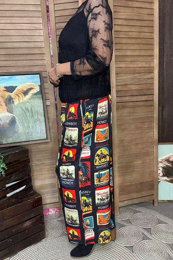 Western patterns printed wide legs high waist women pant XCH16858