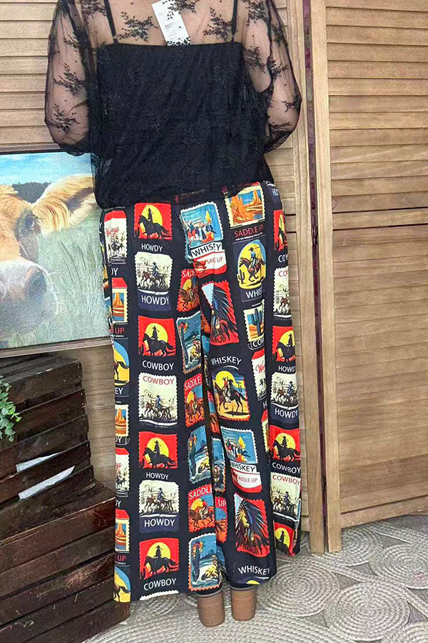 Western patterns printed wide legs high waist women pant XCH16858