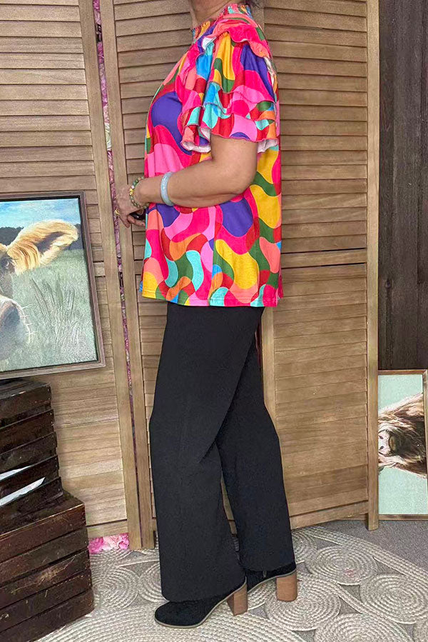 Rose red ruffled printed mock neck cap sleeve women blouse GJQ16333