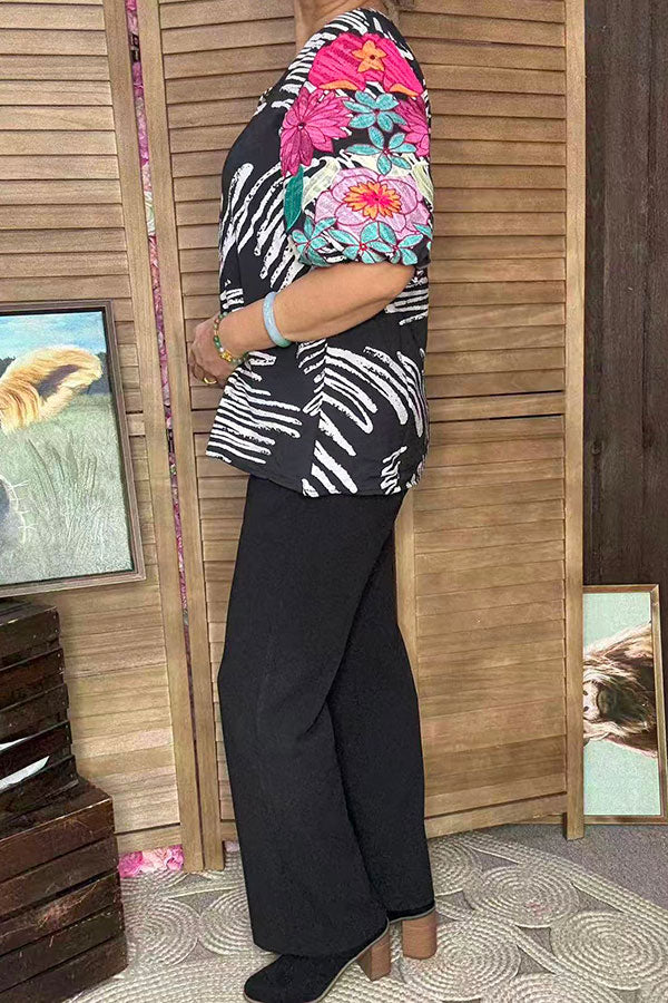 Flower embroidery puff short sleeve women top XCH16778