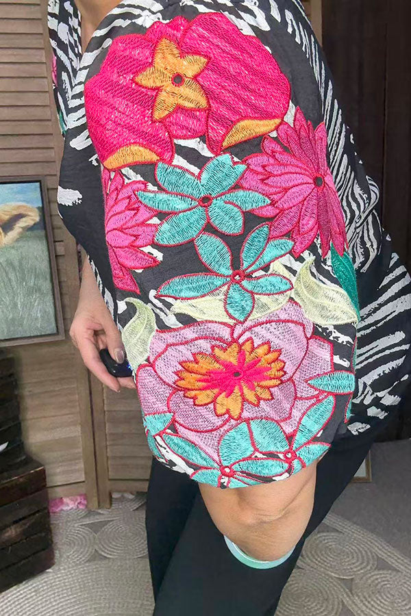 Flower embroidery puff short sleeve women top XCH16778