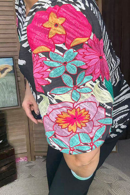 Flower embroidery puff short sleeve women top XCH16778