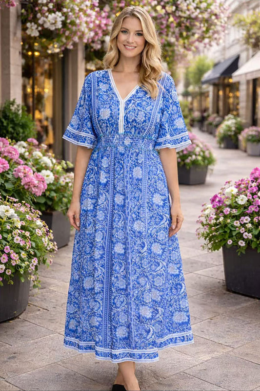Blue floral printed & lace trim bell short sleeve rayon maxi women dress GJQ16689