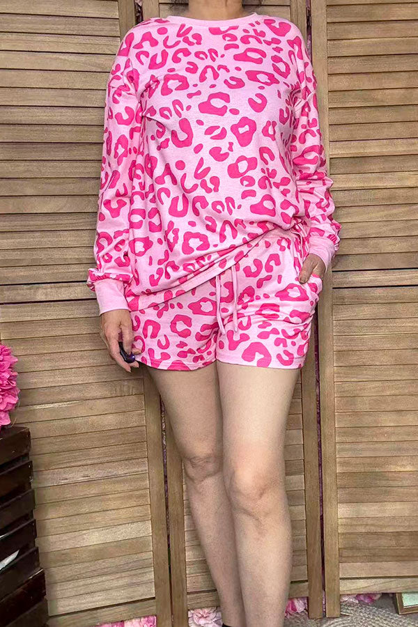 Pink leopard long sleeve top & shorts 2pc women set XCH15623