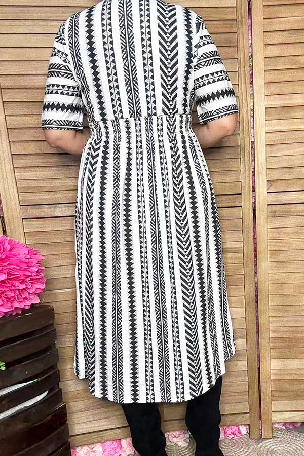 Black & White Geometric Short Sleeve Women Midi Dress w/slit GJQ16338