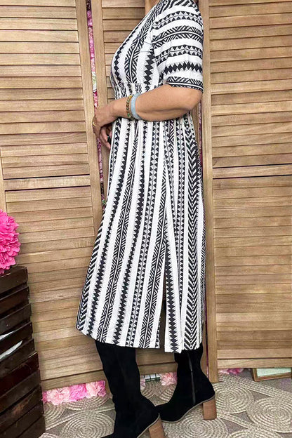 Black & White Geometric Short Sleeve Women Midi Dress w/slit GJQ16338