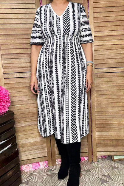 Black & White Geometric Short Sleeve Women Midi Dress w/slit GJQ16338