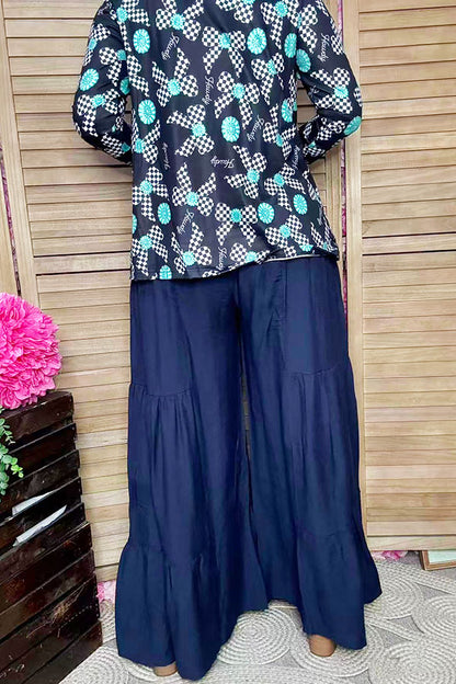 Navy blue cotton striaght wide leg flared women pant XCH16746