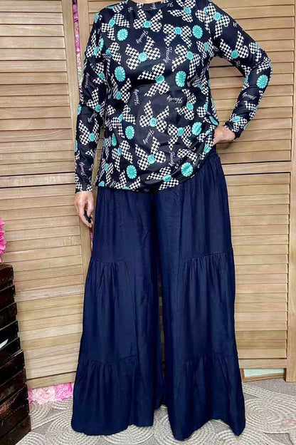 Navy blue cotton striaght wide leg flared women pant XCH16746