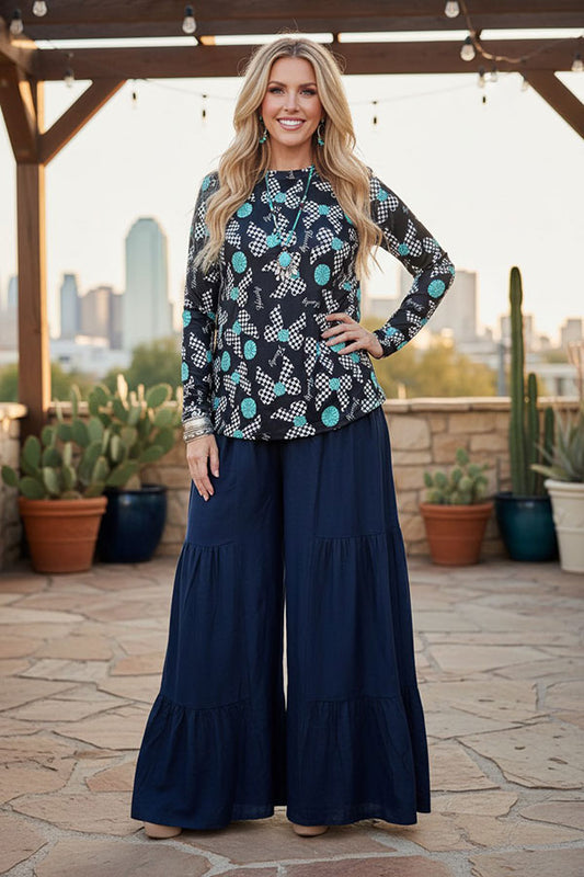 Western turquoise long sleeve women boutique top Southern Stitch XCH16821