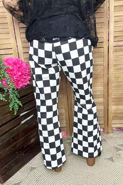 Black white checkered cotton denim flare legs women pant XCH16817