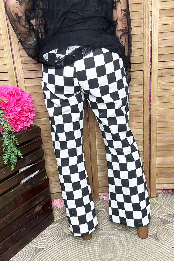 Black white checkered cotton denim flare legs women pant XCH16817