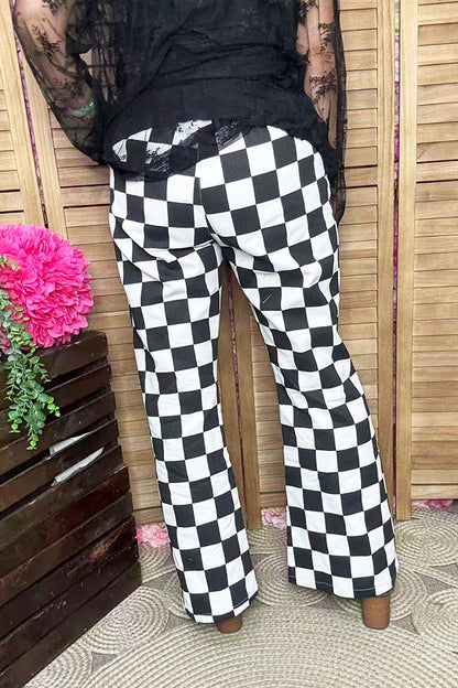Black white checkered cotton denim flare legs women pant XCH16817