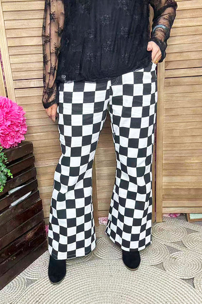Black white checkered cotton denim flare legs women pant XCH16817