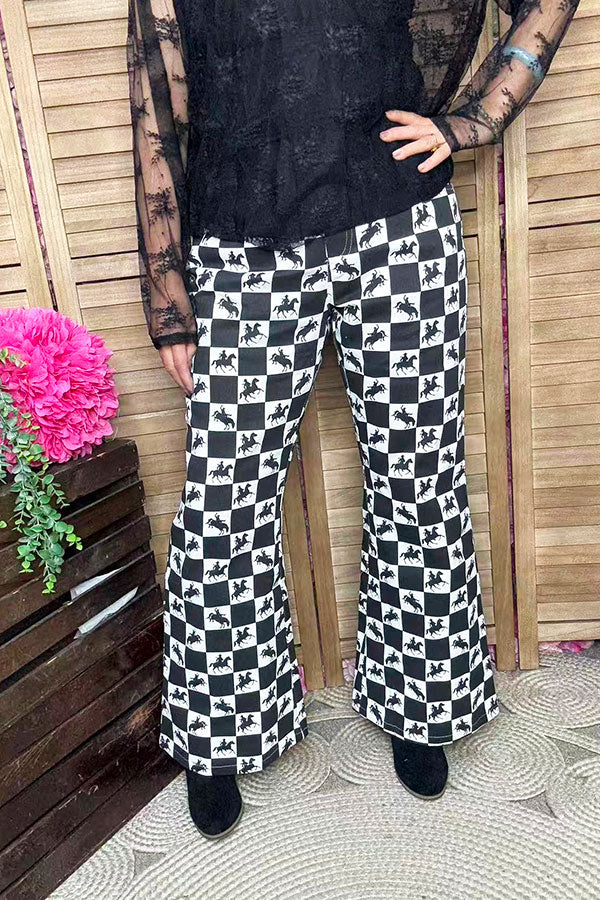 Western horse riding patterns denim jeans flare legs women pant XCH16893