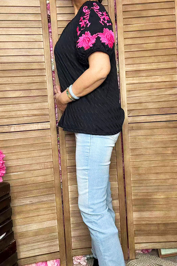 Pink floral embroidery puff short sleeve black women blouse XCH16809