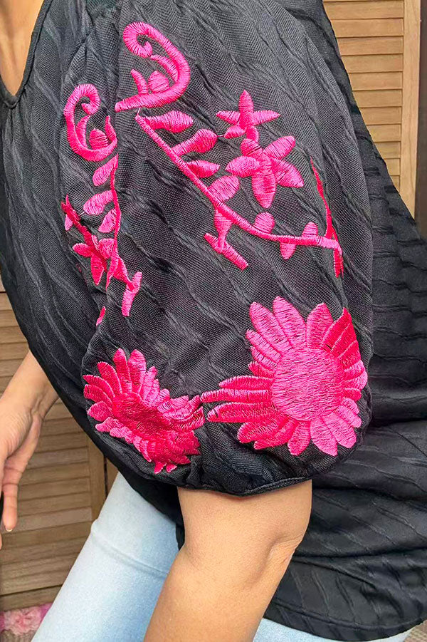 Pink floral embroidery puff short sleeve black women blouse XCH16809