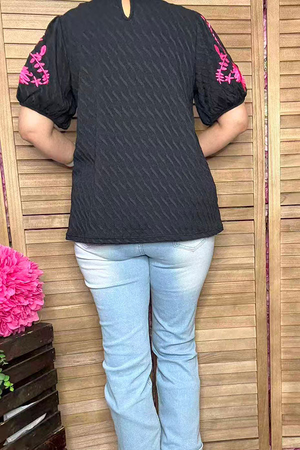 Pink floral embroidery puff short sleeve black women blouse XCH16809