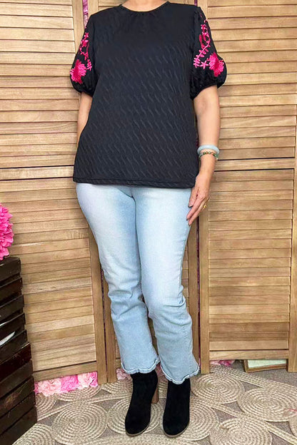 Pink floral embroidery puff short sleeve black women blouse XCH16809