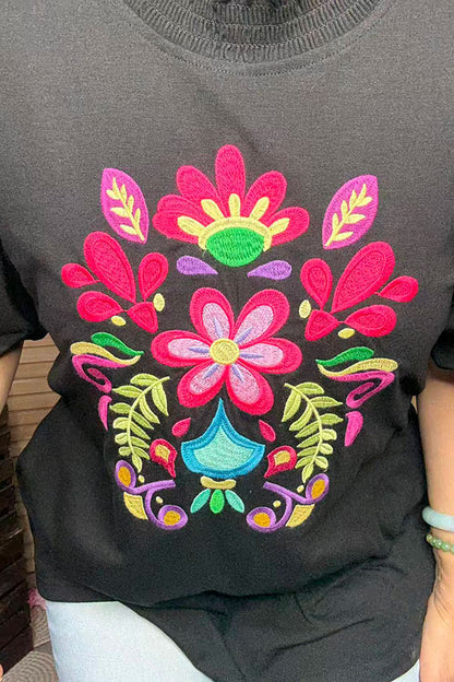 Spring floral embroidery black puff short sleeve women top XCH16738