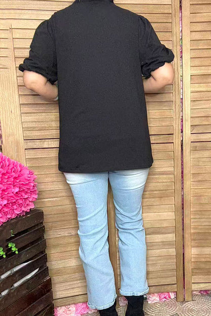 Spring floral embroidery black puff short sleeve women top XCH16738