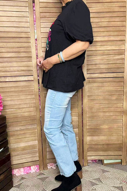 Spring floral embroidery black puff short sleeve women top XCH16738