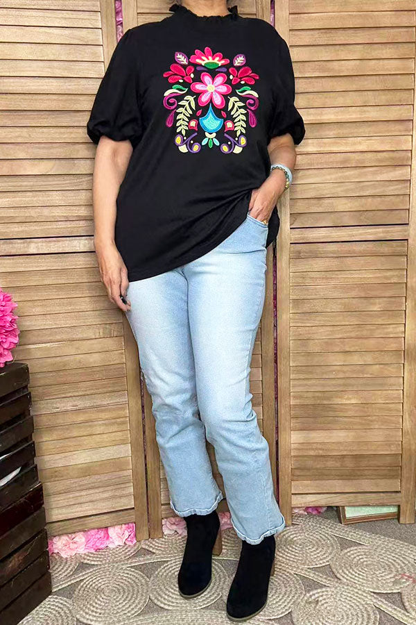 Spring floral embroidery black puff short sleeve women top XCH16738