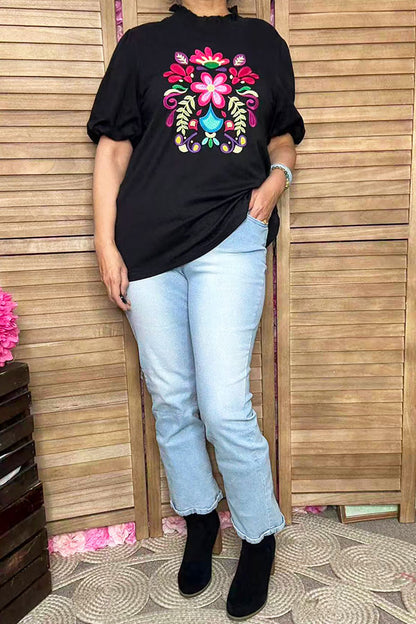 Spring floral embroidery black puff short sleeve women top XCH16738