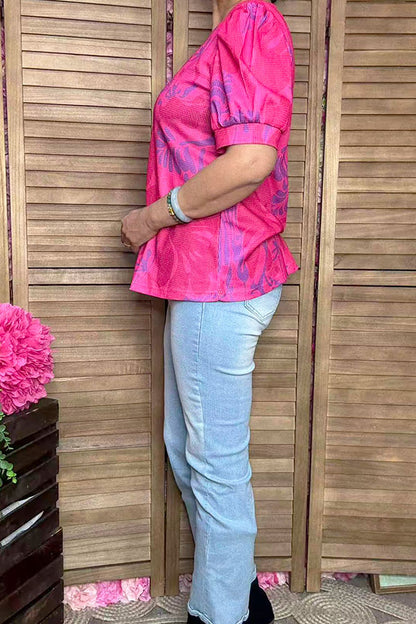 Floral Plus Size Puff Short Sleeve Women Top GJQ16457